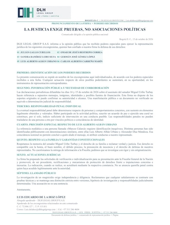 La firma de abogados DLH Legal Group S.A.S. asumió la defensa jurídica de seis excongresistas del movimiento político Comunes: Julián Gallo Cubillos, Omar de Jesús Restrepo Correa, Sandra Ramírez Lobo Silva, Germán José Gómez López, Carlos Alberto Carreño Marín y Luis Alberto Albán Urbano, conocido como Marcos Calarcá - crédito @Dlhlegalgroup/X