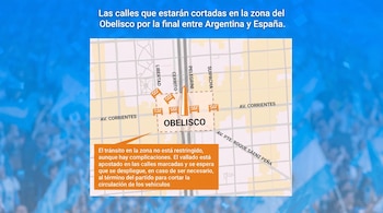 Mapa con el Obelisco, calles Libertad, Cerrito, Pellegrini, Suipacha, Avenida Corrientes y Avenida Presidente Roque Sáenz Peña, con barreras.
