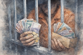 Ilustración de una persona con un traje naranja detrás de rejas de prisión, sosteniendo billetes y monedas en sus manos.