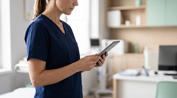Una mujer vestida con uniforme médico de color azul marino sostiene y observa una tableta digital en una oficina.