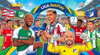 Caricatura de futbolistas celebrando en un estadio; James Aguirre como portero de Millonarios, jugadores de América, Cali, Junior, arco Liga BetPlay y banderas.