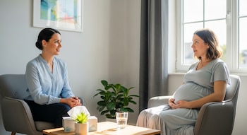 Psicóloga con blusa azul claro y una mujer embarazada en vestido azul pastel sentadas en sillones, conversando en una habitación luminosa.