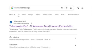 Captura de pantalla de una búsqueda en Google con la dirección www.ticketmaster.pe y el resultado principal de Ticketmaster Perú