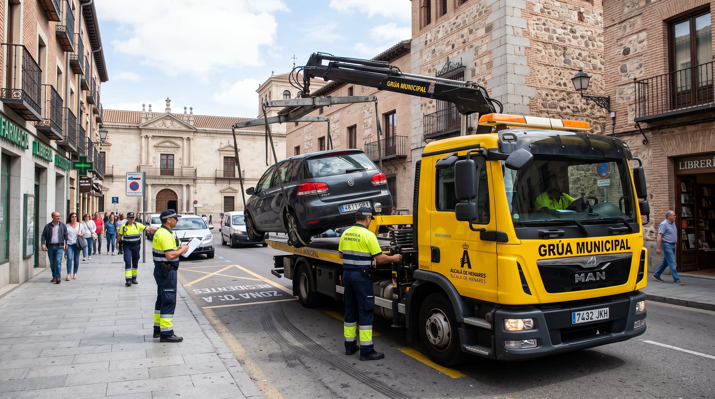 Una grúa retira un coche mal aparcado en una calle de Alcalá de Henares. (Imagen Ilustrativa Infobae hecha por IA)