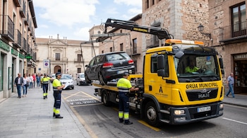 Una grúa municipal de color amarillo retira un automóvil gris ante la presencia de agentes de policía en Alcalá de Henares.