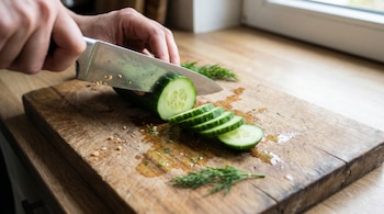 Una persona corta un pepino verde en rodajas finas con un cuchillo de chef sobre una tabla de madera rústica. Hay rodajas de pepino y hierbas en la tabla.