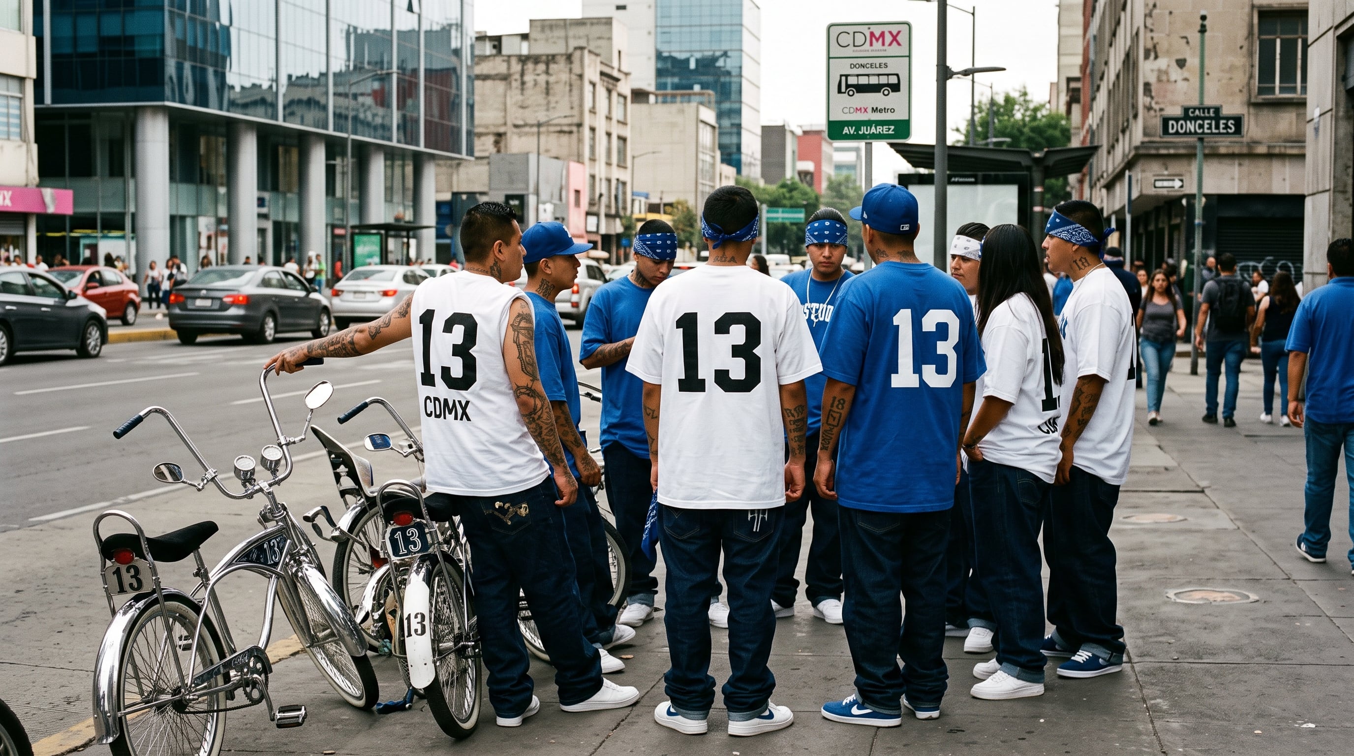 Un grupo de jóvenes vestidos con camisetas con el número 13 conversa en una calle de la Ciudad de México junto a varias bicicletas modificadas. (Imagen Ilustrativa Infobae)