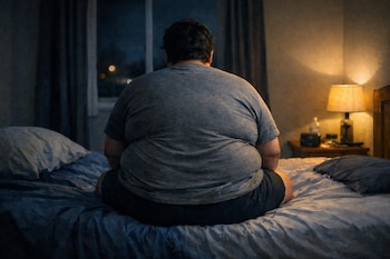 Una persona con obesidad está sentada de espaldas en una cama. Hay una ventana y una cortina a la izquierda, y una mesa de noche con una lámpara encendida a la derecha.
