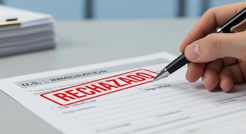 Primer plano de una mano sosteniendo una lapicera sobre un formulario de inmigración de EE. UU. con un sello rojo de 'RECHAZADO' superpuesto en la sección de la firma.