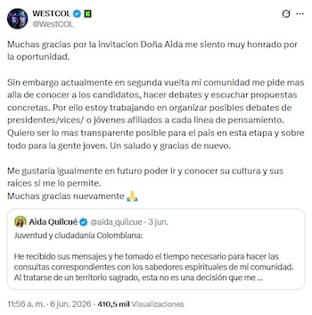 Aunque Westcol agradeció la invitación de Quilcué, afirmó que su prioridad antes de la segunda vuelta electoral es generar debates alrededor de las dos candidaturas presidenciales - crédito @WestCOL/X