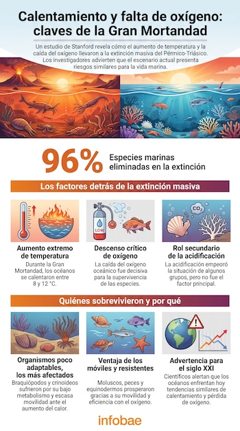 Infografía con título, texto, un 96%, ilustraciones de volcanes, océanos, termómetros, tanque de oxígeno, conchas marinas, peces y logo de Infobae.