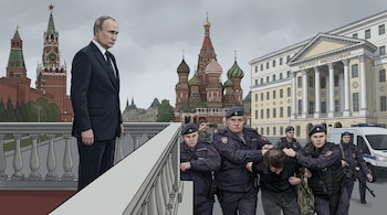 Ilustración de Putin en el Kremlin observando a la policía rusa arrestar a una persona frente al Instituto de Filosofía, con la Catedral de San Basilio al fondo.