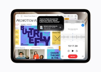Un iPad mini muestra en pantalla una pizarra con notas, un editor de audio con ondas sonoras y una ventana flotante de búsqueda de archivos