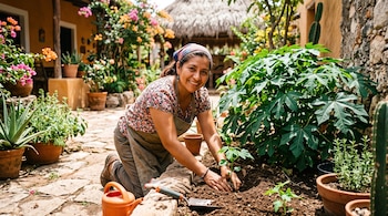Una mujer arrodillada siembra una planta pequeña en la tierra junto a macetas, flores y una regadera en un patio de piedra.
