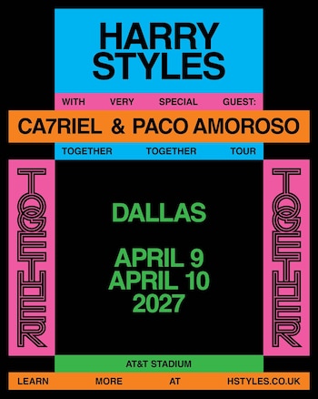 Cartel gráfico en bloques de colores azul, naranja, rosa y negro con nombres de artistas, fechas y lugar de un espectáculo
