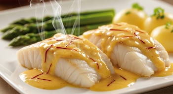 Dos filetes de merluza humeantes cubiertos con salsa cremosa de azafrán, acompañados de espárragos verdes y papas al vapor, servidos en un plato blanco.