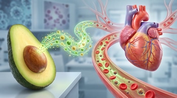 Mitad de palta con hueso de la que emanan partículas brillantes, un vaso sanguíneo con glóbulos rojos y partículas, y un corazón anatómico.