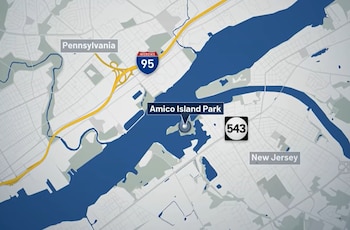 Un mapa que señala Amico Island Park en el río Delaware, ubicado entre Pensilvania y Nueva Jersey, junto a la Interestatal 95