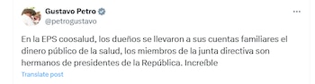 Petro se pronunció sobre irregularidades en Coosalud EPS - crédito @petrogustavo/X