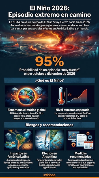 Infografía sobre El Niño 2026 con título, porcentaje de probabilidad, ilustraciones de la Tierra, termómetro, mapas de América Latina y Argentina, e íconos de medidas.