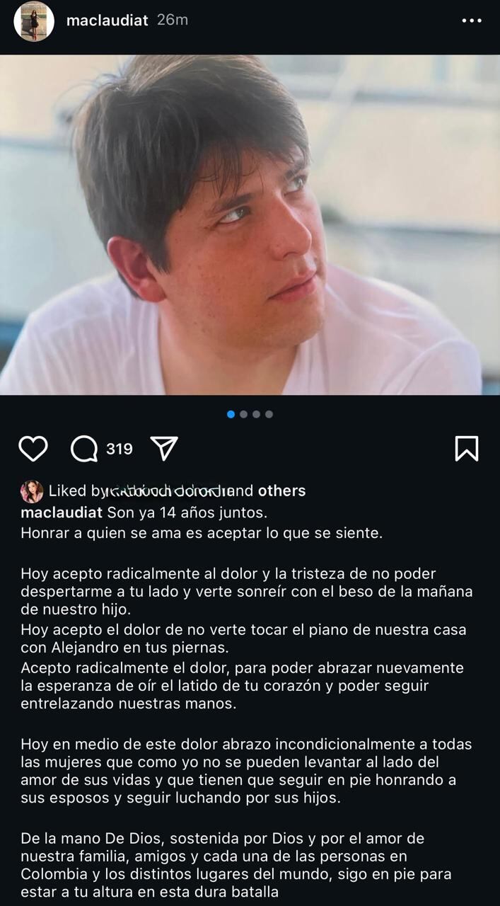 Claudia Tarazona compartió un mensaje en redes por su aniversario número 14 con Miguel Uribe Turbay, en el que expresó su dolor, esperanza y fe mientras el senador continúa en estado crítico - crédito Claudia Tarazona/X