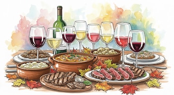 Ilustración acuarela de una mesa con copas de vino tinto, blanco, rosado y una botella. Hay platos de locro, carne asada, guisos y puré. Hojas caídas de otoño.