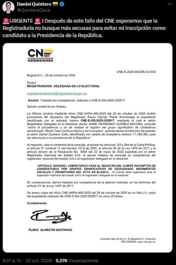 Daniel Quintero señaló que espera