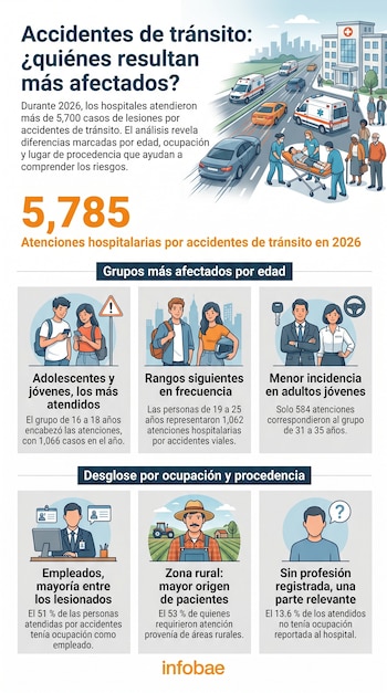 Ilustración plana de un hospital con ambulancias y personas; incluye gráficos de barras por edad, iconos de ocupaciones y un mapa de procedencia rural/urbana.