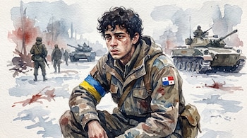 Joven soldado panameño en uniforme camuflado, brazalete ucraniano y bandera de Panamá. Fondo con tanques, otros soldados, nieve, humo y manchas rojas, en acuarela.