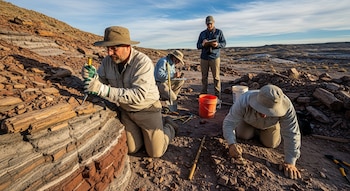 Tres paleontólogos trabajan en un paisaje árido y rocoso. Uno usa un cincel en una roca, otro toma notas y el tercero cepilla el suelo en primer plano.