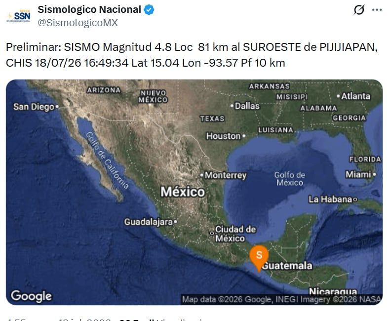 Sismo de 4.8 en Pijijiapan, Chiapas este 18 de julio. (X/ @SismologicoMX)