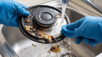 Dos manos con guantes azules limpian una hornilla de cocina sucia con un cepillo azul bajo el grifo de una pileta.