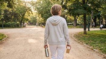 Mujer de espaldas con ropa deportiva camina por sendero de tierra en un parque, lleva una botella de metal y una caja de cartón en las manos.
