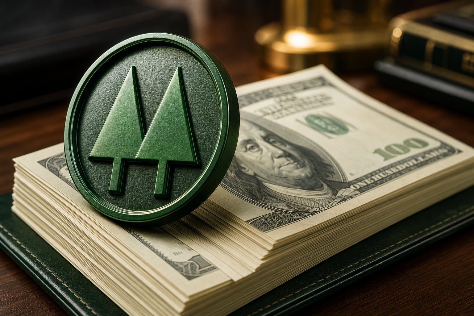 Un emblema verde con el símbolo del cooperativismo reposa sobre un fajo de billetes de cien dólares sobre un escritorio. (Imagen Ilustrativa Infobae)