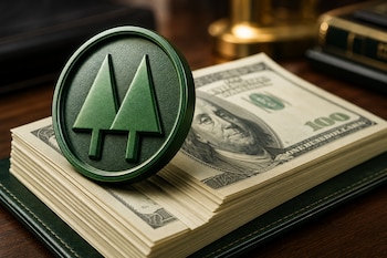 Emblema metálico verde con dos pinos apoyado sobre un fajo de billetes de cien dólares estadounidenses en una mesa de madera.