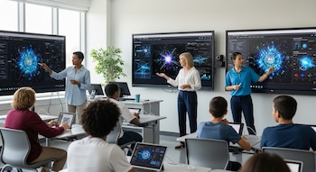 Tres docentes mujeres presentan frente a grandes pantallas interactivas con gráficos de inteligencia artificial a un grupo de estudiantes en un aula moderna.