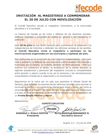 El magisterio colombiano expresó su respaldo a la educación pública estatal, al fortalecimiento del Sistema General de Participaciones y a la ampliación de la planta docente - crédito Fecode/X