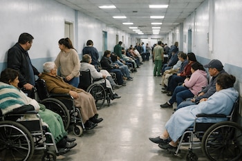 Largo pasillo de hospital con numerosas personas sentadas en sillas de ruedas y en sillas convencionales, algunas con frazadas, esperando.