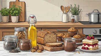 Ilustración de una encimera de cocina con pan, semillas, frutos secos, aceite, muffins, postre de frambuesa, pudín de chía y hierbas en macetas.