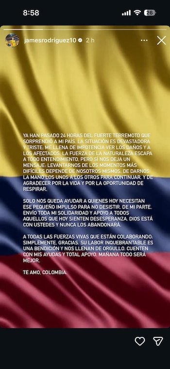 Mensaje de solidaridad de James Rodríguez tras el sismo en Colombia - crédito Instagram
