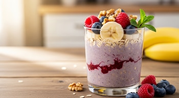 Un vaso de batido de avena morado con frutas, cubierto con plátano, arándanos, frambuesas, nueces y menta, sobre una mesa de madera.