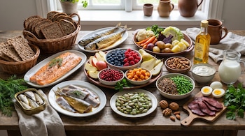 Vista cenital de una mesa de madera con alimentos de la dieta nórdica: pescados, pan integral, bayas, vegetales, legumbres, frutos secos, lácteos y aceite.