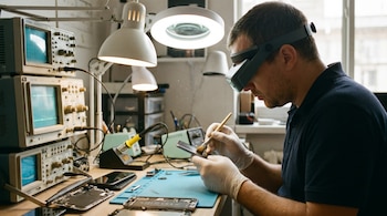 Un técnico con lupa de cabeza y guantes blancos limpia los altavoces de un smartphone con un cepillo. Varias herramientas y equipos de laboratorio en el escritorio.