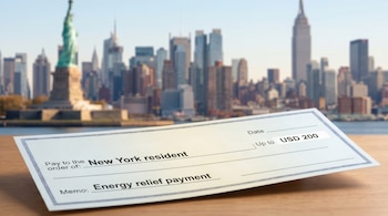 Un cheque de ayuda energética para residentes de Nueva York (hasta 200 USD) sobre una mesa de madera. Fondo borroso con el horizonte de Manhattan y la Estatua de la Libertad.