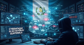 Una persona encapuchada teclea frente a monitores con código y un mapa digital de Guatemala, con la bandera del país y servidores de fondo.