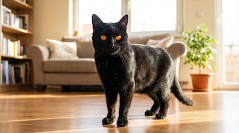 Un gato negro de cuerpo entero con ojos naranja brillante está de pie en un piso de madera, frente a un sofá, una estantería y una ventana.