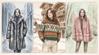 Ilustración tríptico estilo lápiz y acuarela: mujer con abrigo peludo gris en calle urbana; mujer con jersey estampado en chalet nevado; mujer con abrigo rosa en ciudad.