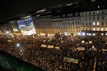 Demonstrators attend an anti-war rally, following Russia's invasion of Ukraine, in Prague, Czech Republic, March 4, 2022. REUTERS/Eva Korinkova NO RESALES. NO ARCHIVES