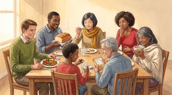 Siete personas de diversas edades sentadas alrededor de una mesa de madera. Hay comida, platos, vasos, pan y un folleto en la mesa.