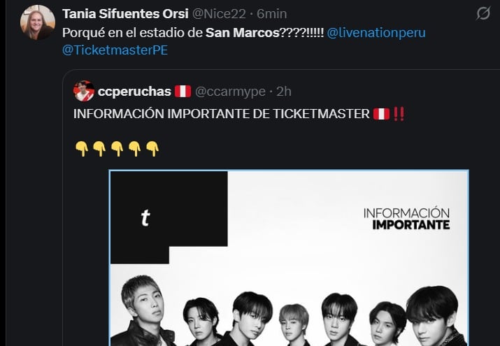 Fans de BTS reaccionan ante anuncio de Estadio San Marcos como recinto de los dos concierto de la banda coreana. Twitter